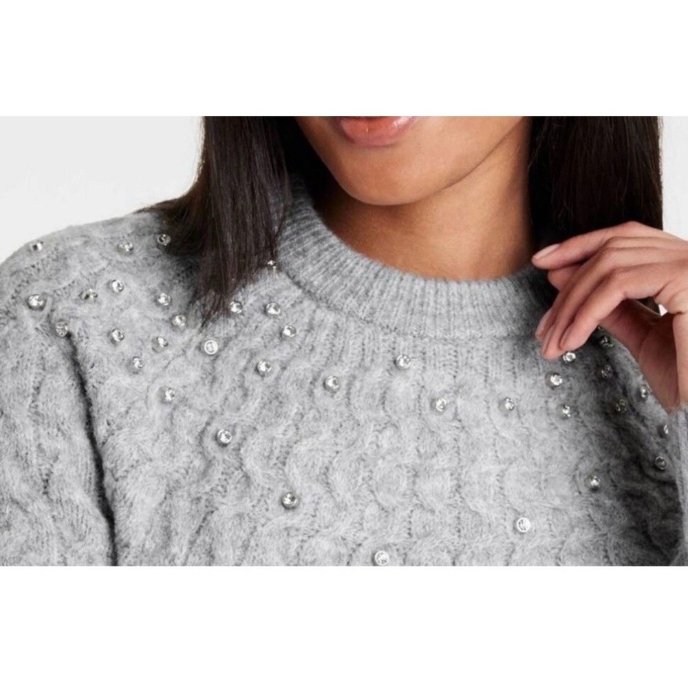 Plus Size 1x Women's Grey Cable Knit Sweater Embellished Diamond‎ Bling Studded